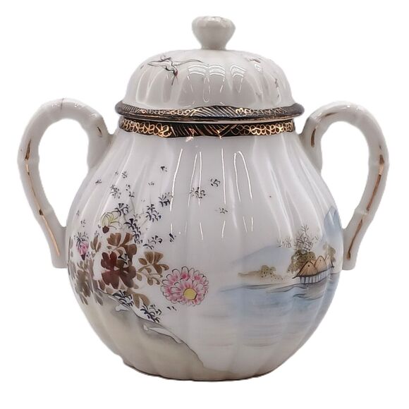 Vintage Japanese Kutani Style Porcelain Lidded Sugar Bowl Pot Hand Painted - Picture 5 of 13